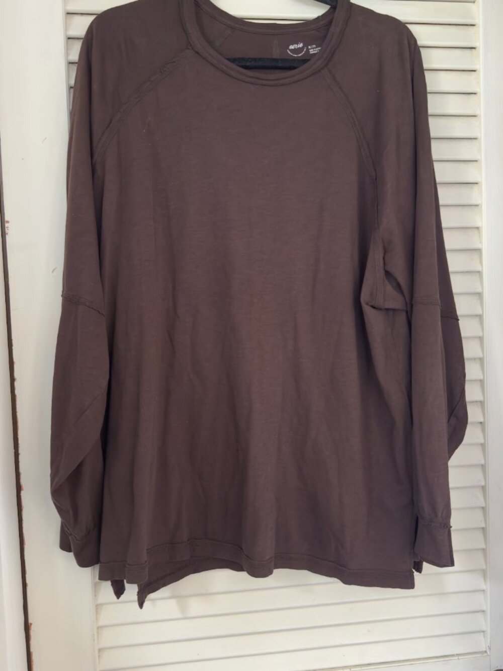 Aerie Boyfriend Oversized Crew Neck Long Sleeve Shirt Brown Deep Earth Size XL